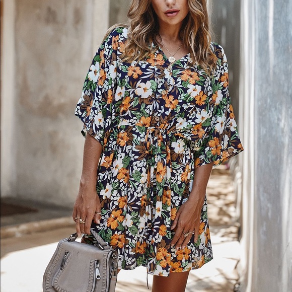 ♦️Floral Lace Tie Waist Ruffled Dress Black - Picture 6 of 6